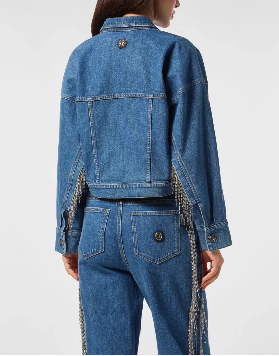 Denim Cropped Jacket Crystal Fringes