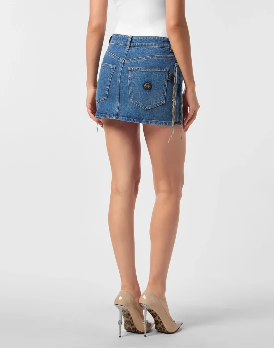 Denim Mini Skirt Crystal Fringes