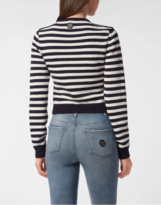 Striped Round Neck Pullover Teddy Doorman