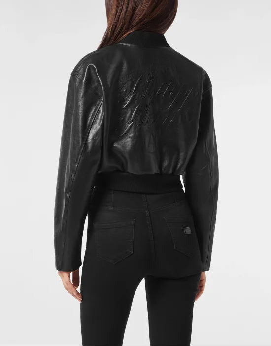 Cropped Leather Bomber Embossed Signature