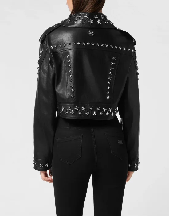 Leather Biker Jacket Star Studs