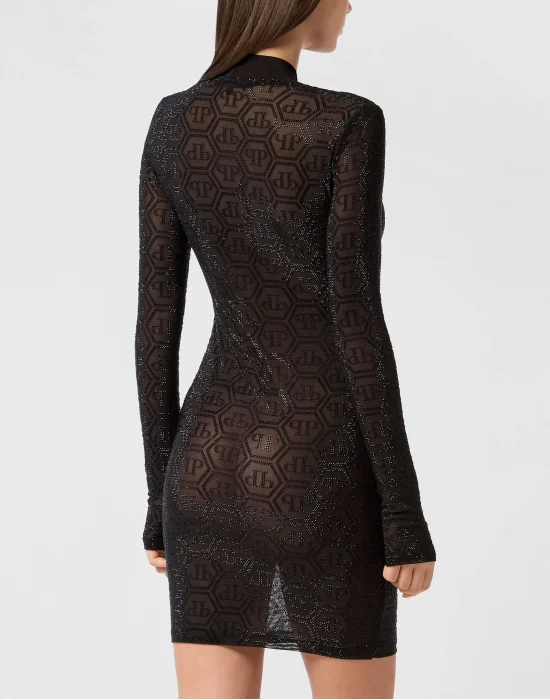 Tulle Long-Sleeved Mini Dress Monogram Strass