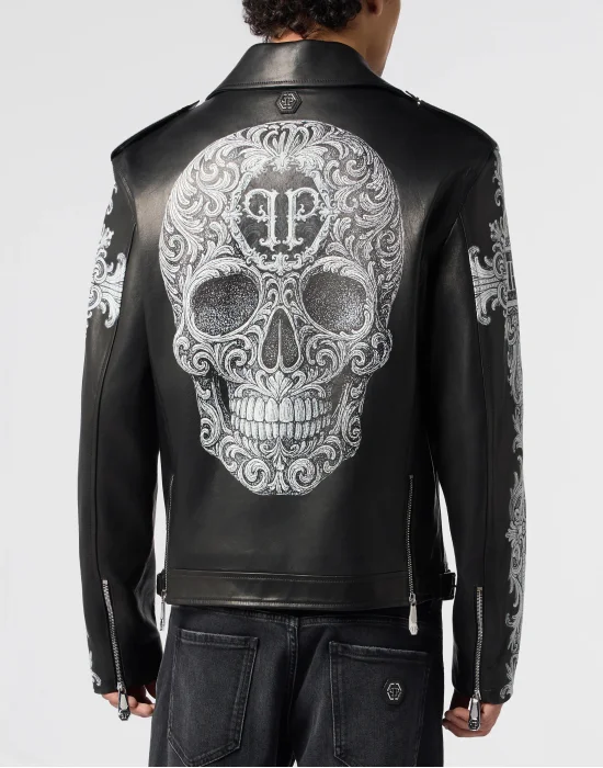 Sheepskin Leather Biker Jacket Baroque Skull