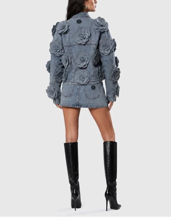 Cropped Denim Jacket All-Over Roses