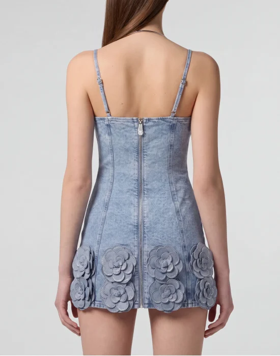 Denim Mini Dress Roses Strass