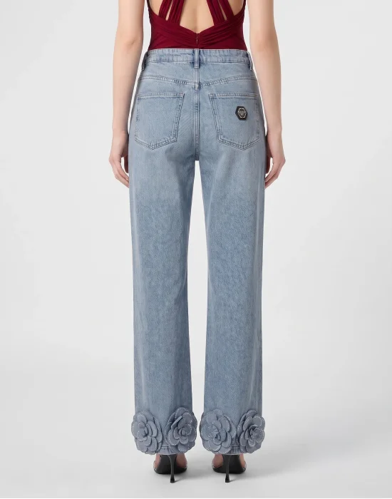 Straight Cut Jeans Roses Strass