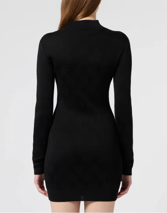 Merino Wool Turtle Neck Mini Dress Jacquard Monogram