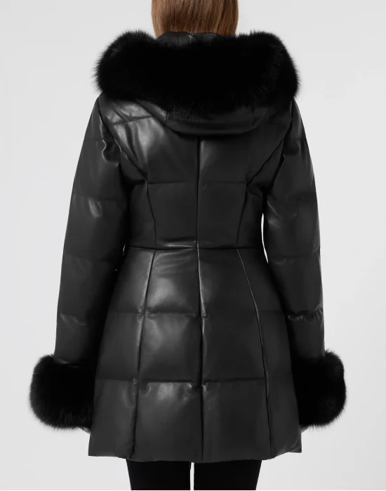 Long Leather Down Jacket With Fur Collar