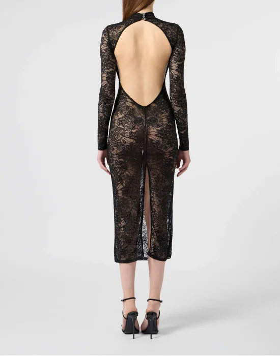 Lace Open Back Long Dress Monogram Strass Monogram Strass