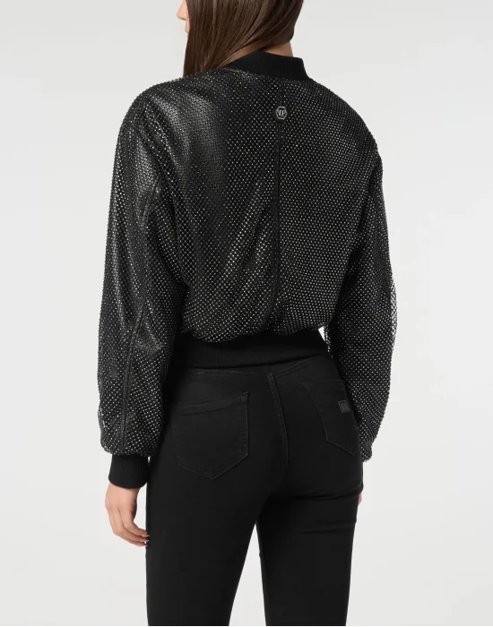 Leather Crop Bomber Crystal
