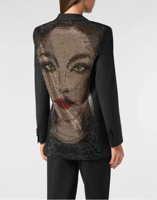 Wool Blazer Boyfriend Fit Face Strass