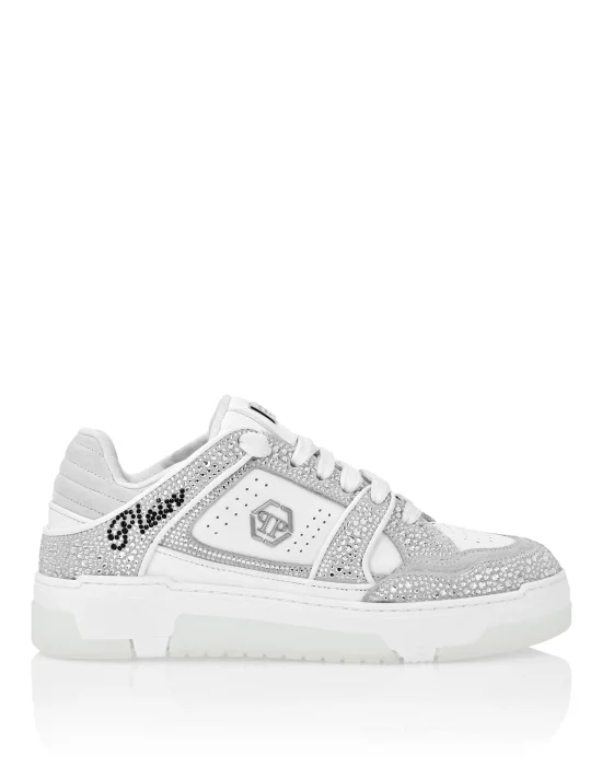 Mix Leather Lo-Top Sneakers Strass Hexagon