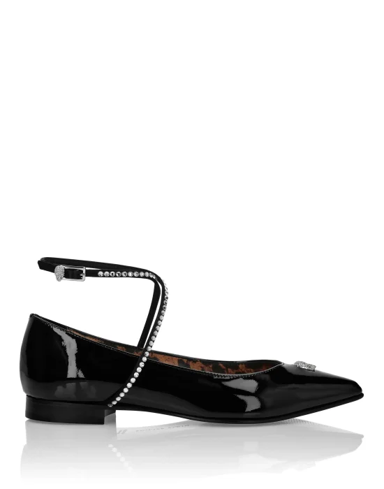 Patent Leather Ballet Flats With Cross Straps Strass