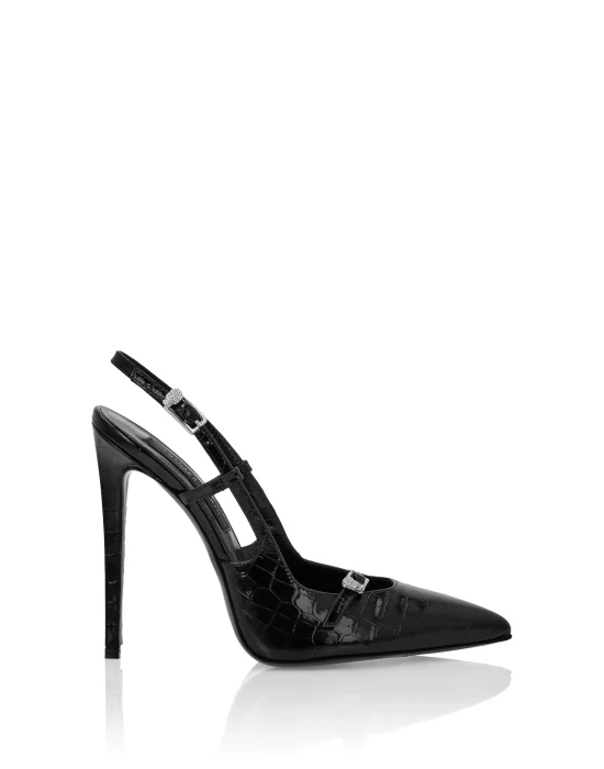 Slingback High Heels Crocco Print Buckle Skull