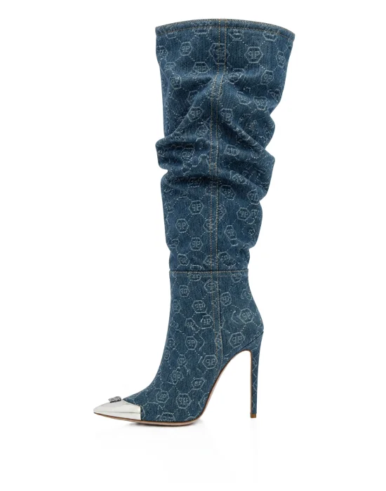 Denim Boots Hi-Heels Overknees Jacquard