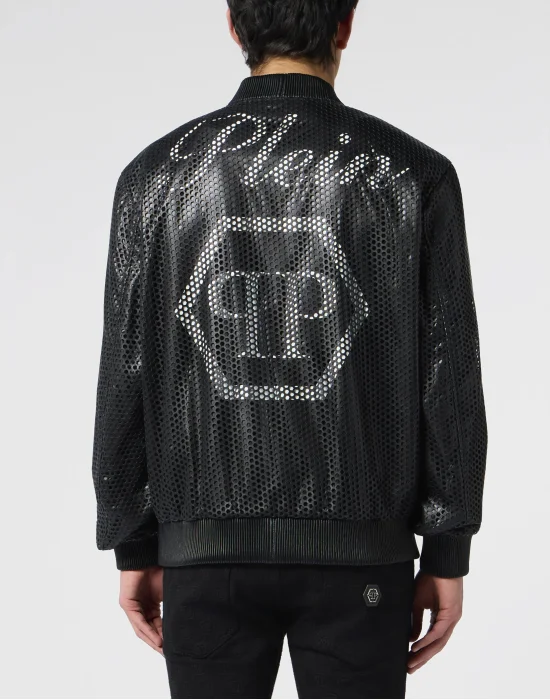 Perforated Leather Nylon Bomber