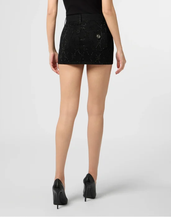 Denim Mini Skirt Monogram Strass