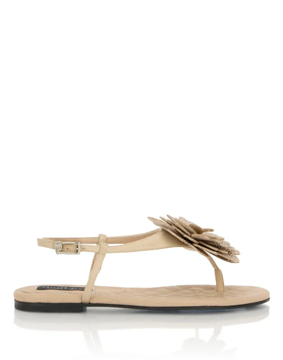 Satin Flat Sandals Strass Flower