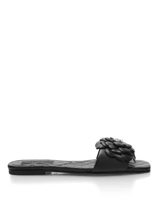Leather Flat Slides Flower