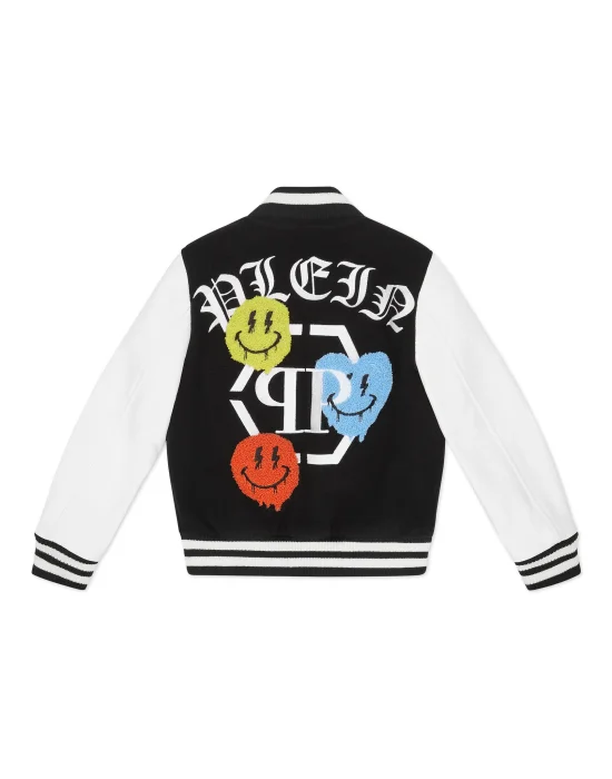 Woolen Cloth College Bomber with Leather Arms Smile