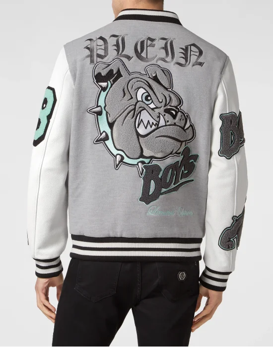 Woolen Cloth College Bomber with Leather Arms Bulldogs