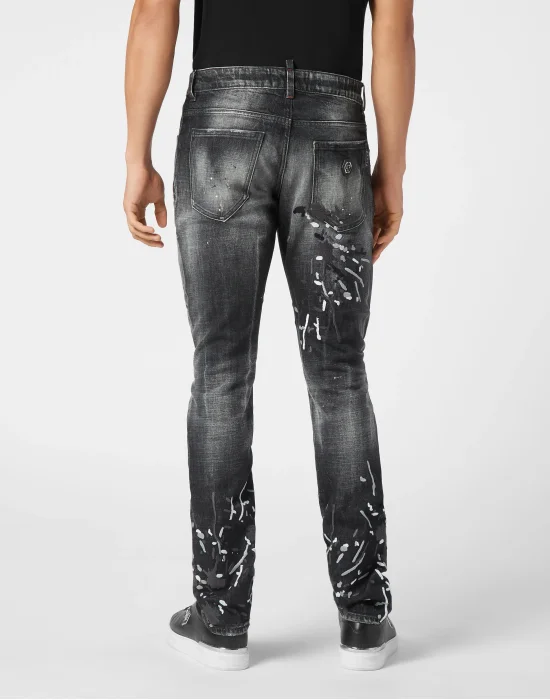 Denim Super Straight Cut Trousers With Splash