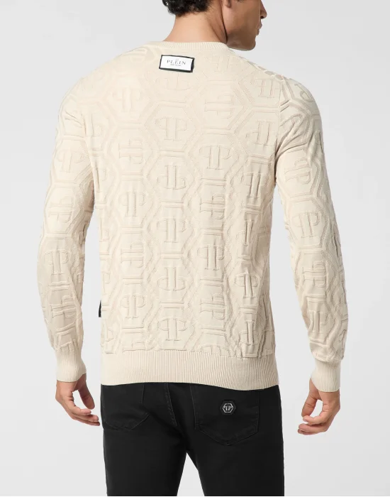 Jacquard Silk Wool Pullover Round Neck LS Monogram