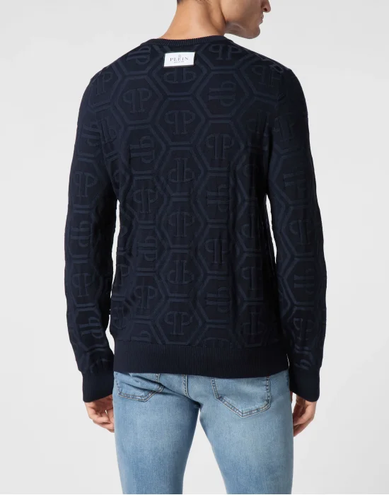 Jacquard Silk Wool Pullover Round Neck LS Monogram