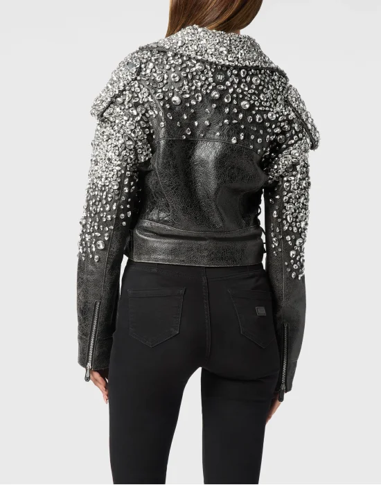 Leather Cropped Biker Jacket LS Strass