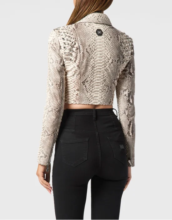 Cropped Python Leather Biker Jacket LS Flame