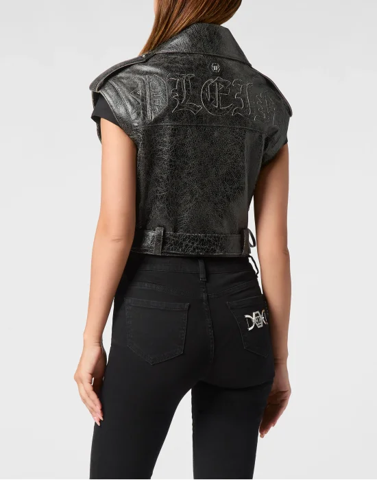 Leather Cropped Biker Vest Gothic Plein