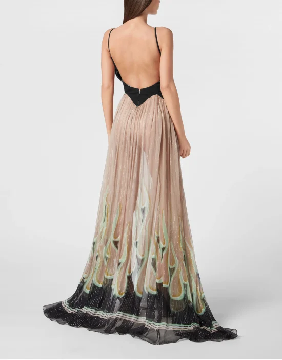 Chiffon Lurex Maxi Dress Flame