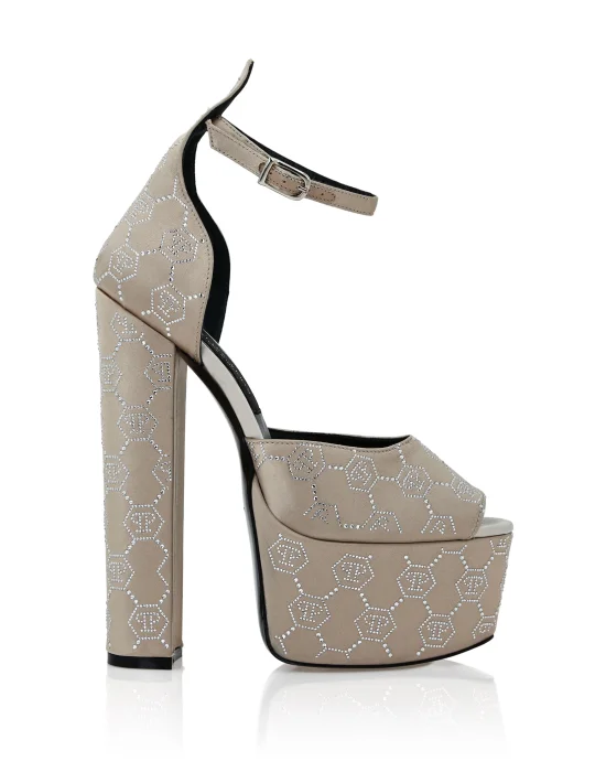 Satin Platform Sandals High Heels Monogram Strass
