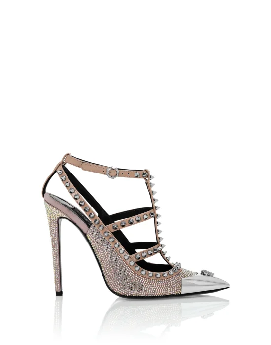 Leather Strass Sandals High Heels Studs