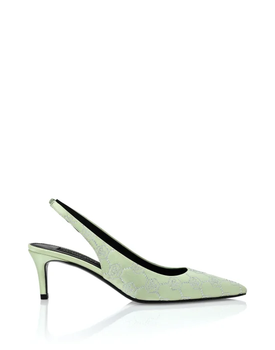 Satin Slingback Shoes Low Heels Monogram Strass