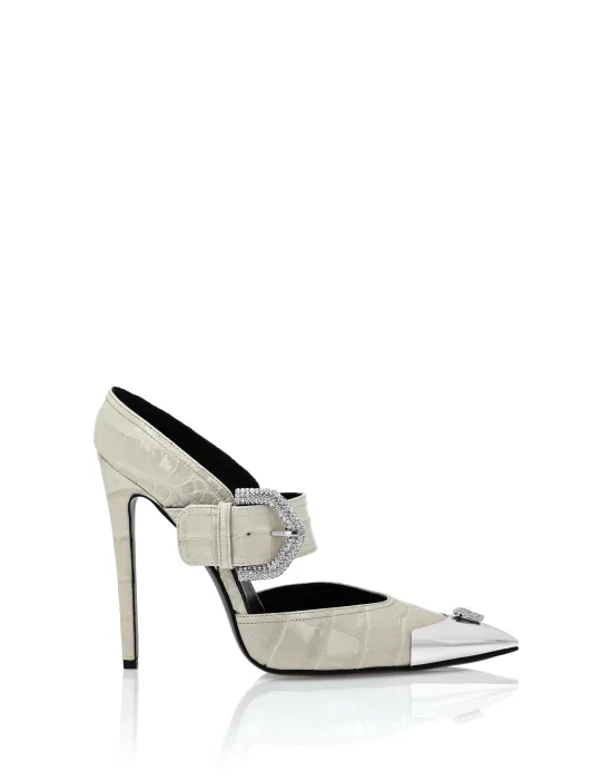 Croco Leather Mule High Heels Skull strass