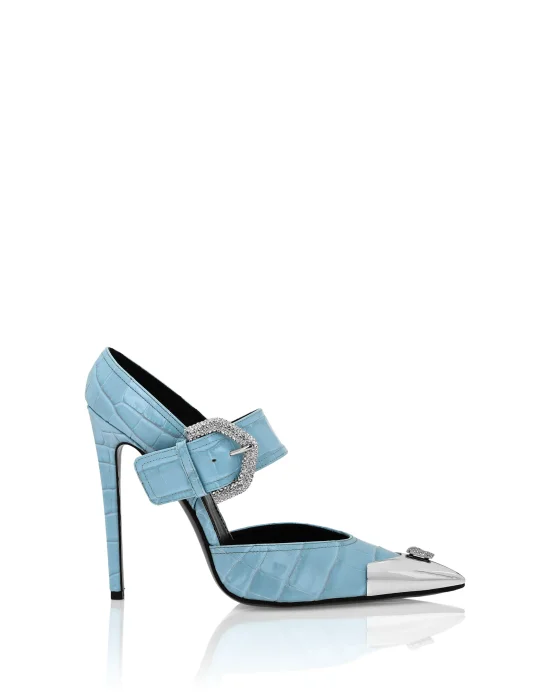 Croco Leather Mule High Heels Skull strass