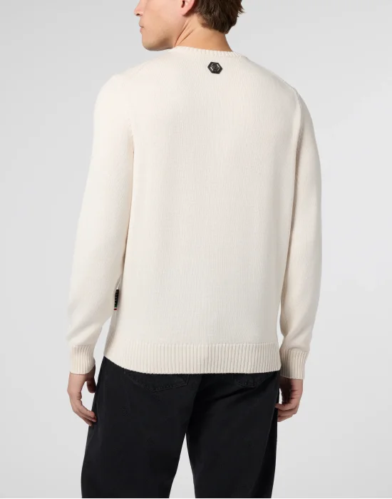 Embroidered Merino Wool Round Neck Pullover Hexagon Dragon