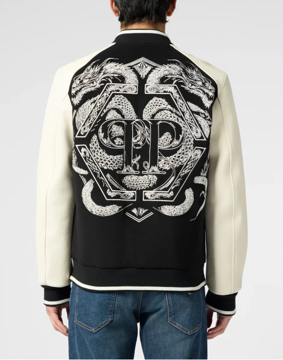 Wool & Leather Varsity Bomber Jacket Dragons