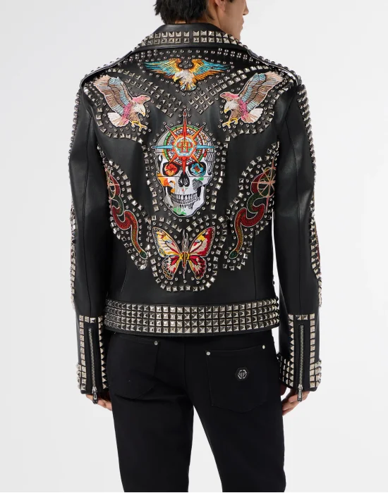 Vintage Leather Biker Jacket Studs & Patches