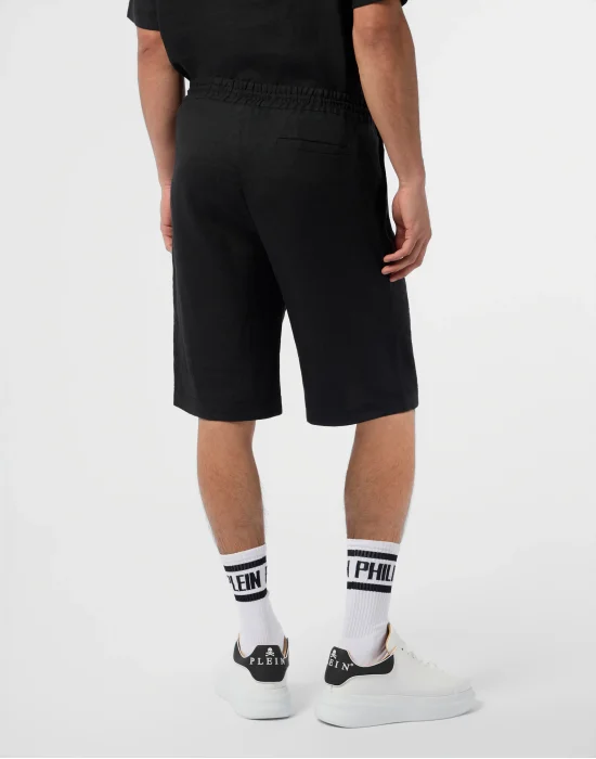 Embroidered Linen Bowling Shorts Tattoo Strass