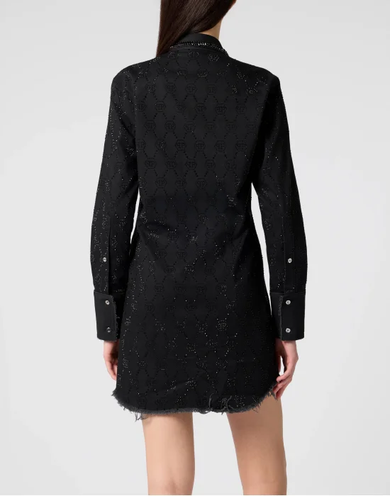 Denim Shirt Dress Monogram Strass Monogram Strass