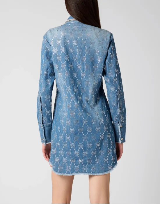 Denim Shirt Dress Monogram Strass Monogram Strass