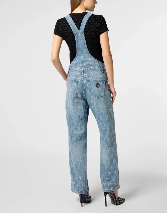 Sleeveless Denim Jumpsuit Monogram Strass