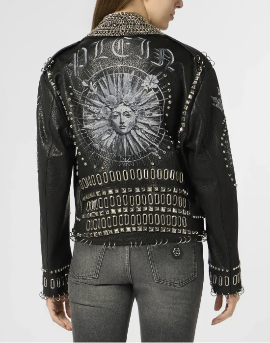 Oversized Biker Jacket Studs Butterfly Tattoo