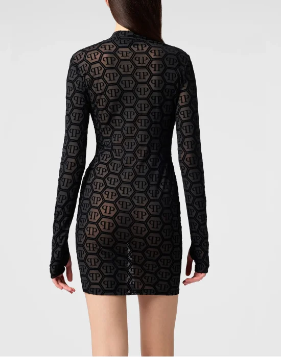 Tulle Long-Sleeved Mini Dress Monogram Jacquard