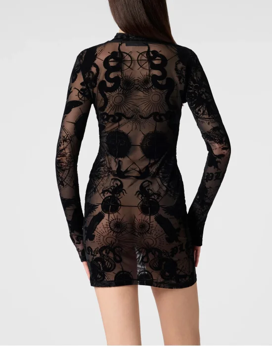 Long Sleeve Mini Dress Flock Butterfly Tattoo