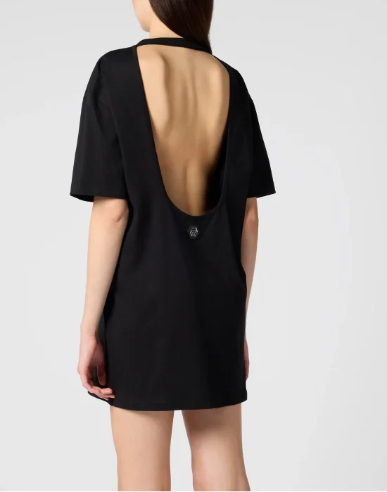 Open Back T-Shirt Dress Tattoo Strass