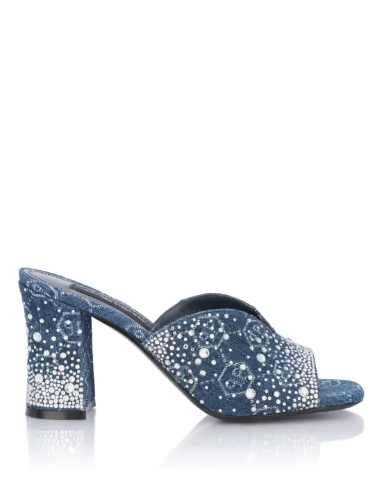 Denim Mid Heels Platform Sandals Monogram Strass