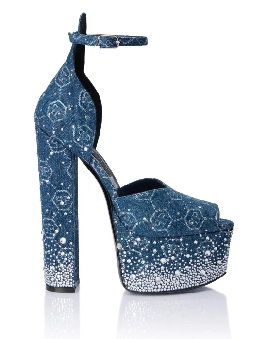 Denim High Heels Platforms Monogram Strass